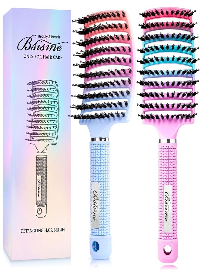Bsisme Boar Bristle Hair Brush, Curved Vented Detangler Brush Faster Blow Drying, Paddle Detangling Brush for Women Men Kids Wet Dry Long Curly Thick Straight Hair, Make Hair Shiny and Healthier(Purple+Blue) - Image 1
